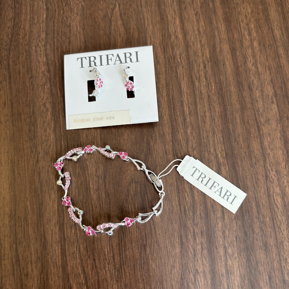 Trifari Pink and Silver Bracelet and Earrings NWT Fashion Costume Jewlery